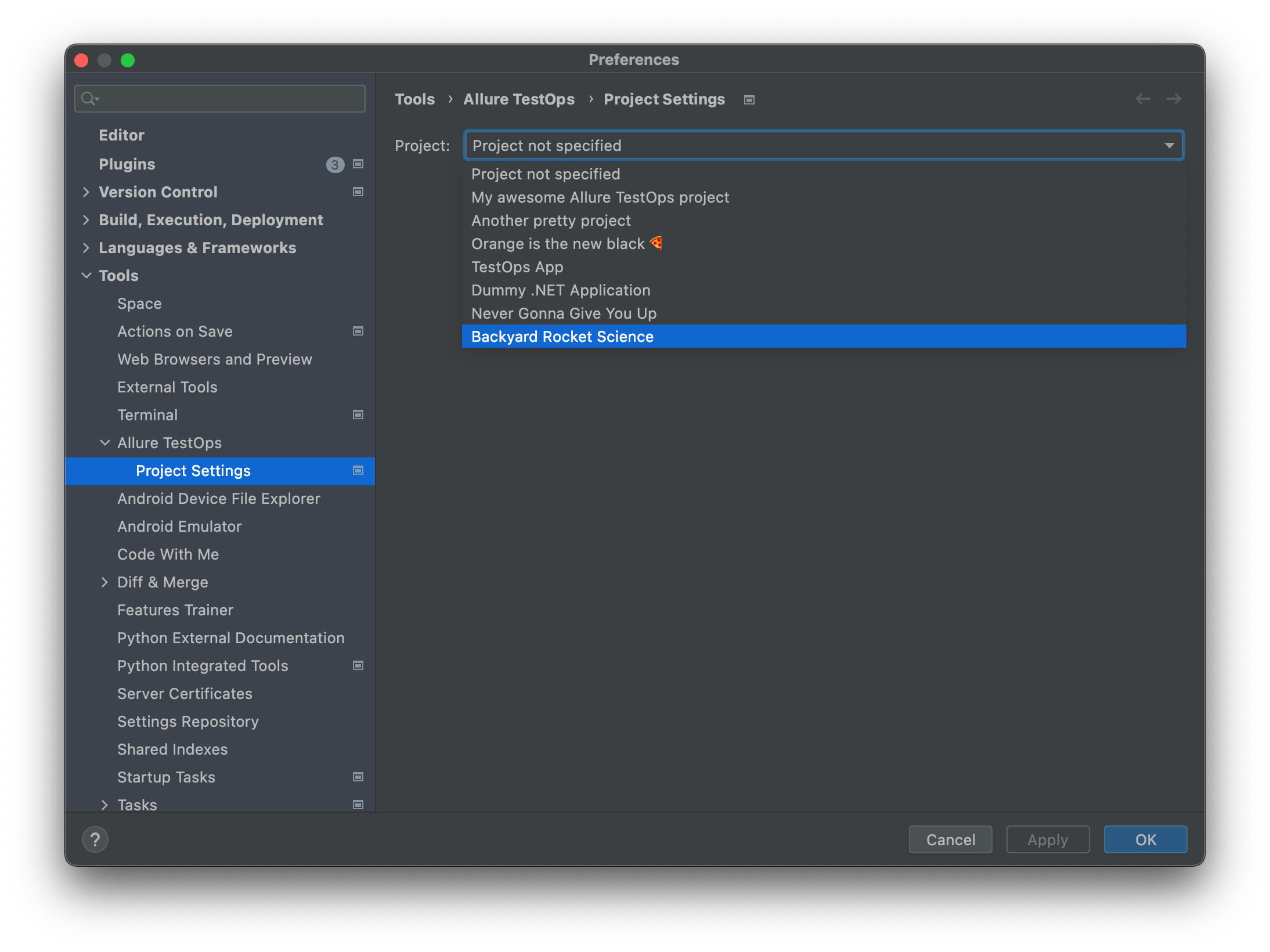 Assigning a project in settings